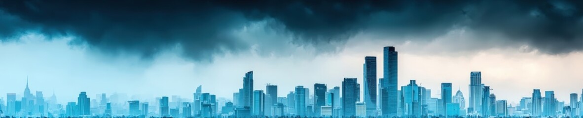 Fototapeta premium A stunning view of a city skyline under dark, stormy clouds. The dramatic contrast of blue tones captures the essence of urban atmosphere before a storm.