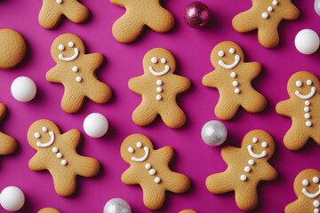 Display a delightful top view of gingerbread men cookies on a dark fuchsia background, interspersed with bright white Christmas balls. The colors create a modern and playful holiday arrangement.