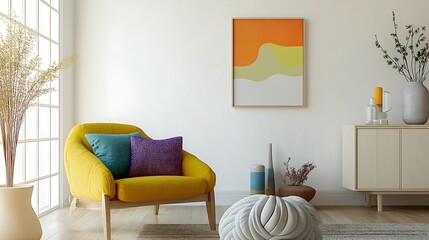  Stylish living room with a mid-century modern chair, colorful pillows, and a unique knot cushion, creating a cozy and contemporary space. Mock up poster. 