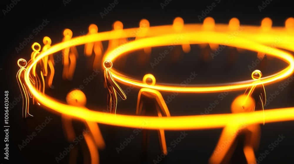 Poster a circle of abstract figures passing glowing energy between each other, representing the continuous 