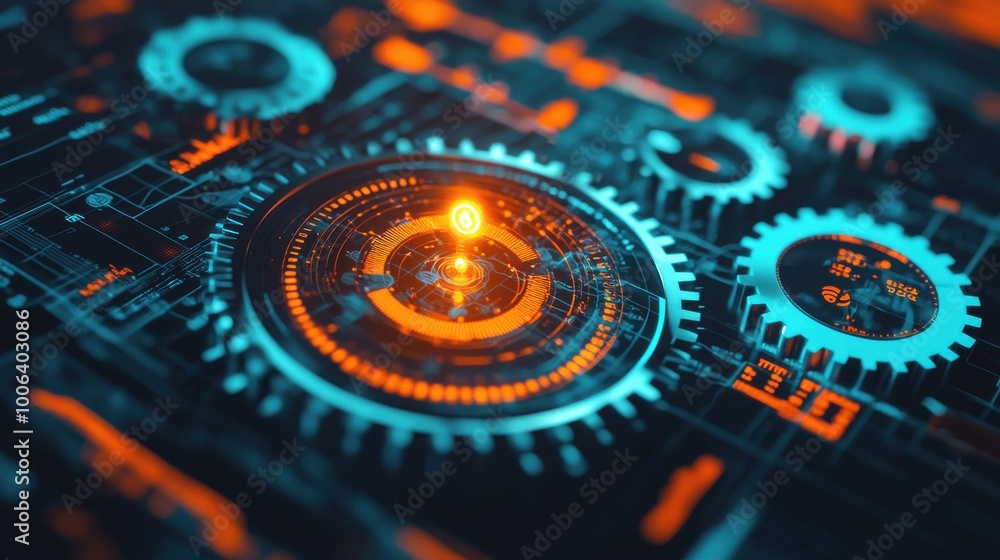 Poster a circle of gears and abstract charts spinning in harmony, with one central glowing point representi