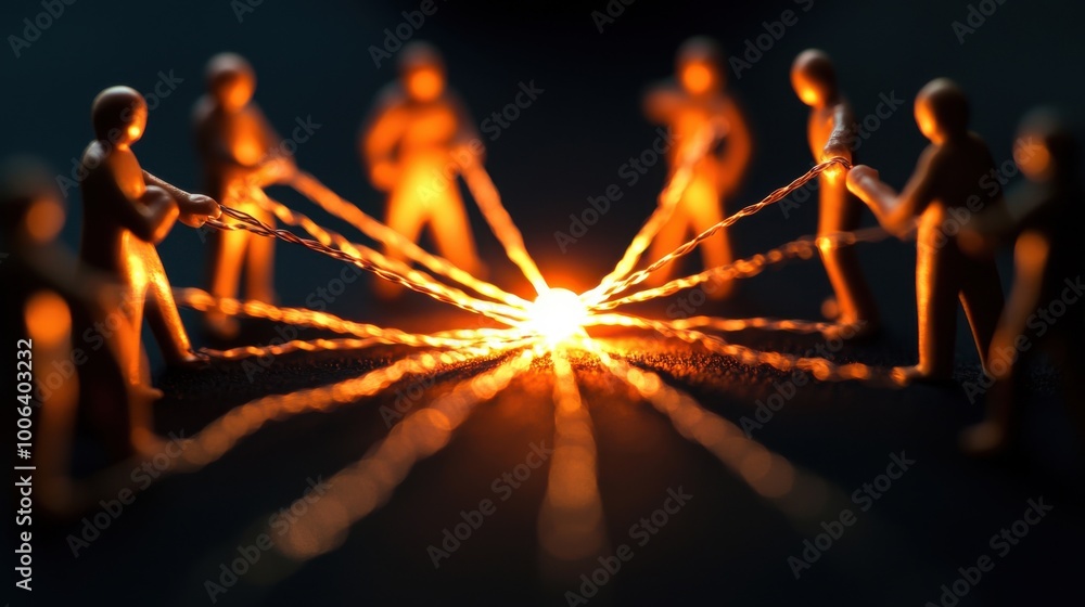 Poster a circle of human figures, each holding a different object, but the objects are connected by light, 