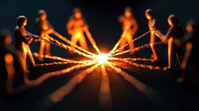 A circle of human figures, each holding a different object, but the objects are connected by light, showing that each person brings a unique skill to the team