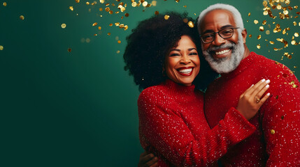 Smiling happy older African American couple in matching red sweaters, standing close together against a green background with golden bokeh lights, copy space