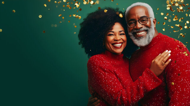 Smiling happy older African American couple in matching red sweaters, standing close together against a green background with golden bokeh lights, copy space