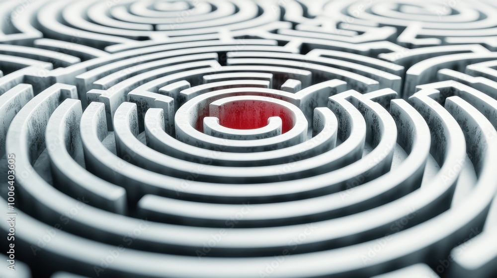 Poster a circular maze with multiple paths converging at the center, how different team members find ways t