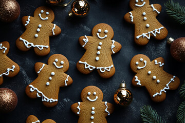 Capture a charming overhead scene of gingerbread men cookies decorated with icing, elegantly arranged on a dark surface, with shiny Christmas balls scattered around, creating a delightful holiday