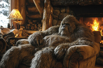 A large Sasquatch relaxing on plush sofa in cozy cabin setting, surrounded by warm fireplace and rustic decor, evokes sense of comfort and tranquility