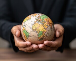 Hands holding a globe on a wooden table
