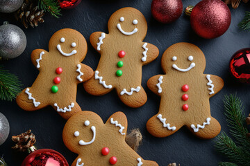Highlight a charming top view of gingerbread men cookies with detailed icing, beautifully arranged with vibrant Christmas ornaments on a dark backdrop, evoking the festive spirit of Christmas