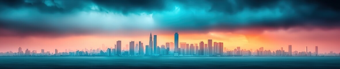 Fototapeta premium A breathtaking panorama of a vibrant city skyline under dramatic clouds, showcasing stunning colors at sunset. Perfect for urban and landscape themes.