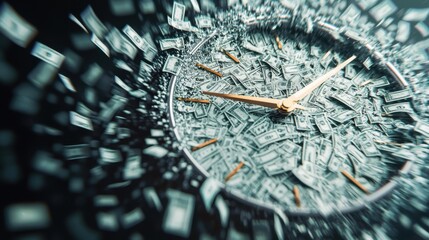 A clock made of currency symbols, with the hands of the clock moving upwards like a profit graph, representing the time-sensitive nature of maximizing profit margins