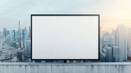 Billboard ad seen from above on a skyscraper rooftop, massive urban exposure and high visibility, city billboard, advertising