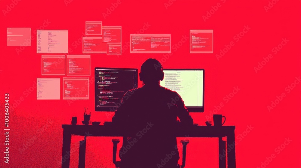 Poster a computer screen displaying endless tabs and notifications with a silhouette of a person sitting ov