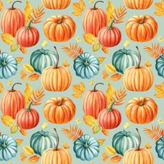 Colorful pumpkins, leaves, Butterflies, seamless pattern. Autumn watercolor hand-painted nature pattern seasonal designs
