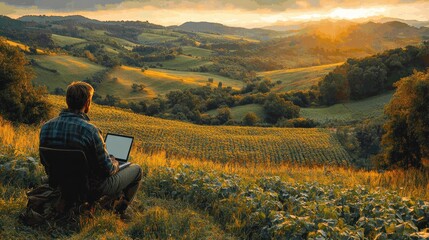 Man working on laptop with stunning sunset view