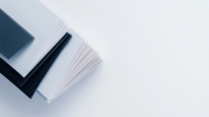 A unique perspective of three folders stacked in a zigzag pattern on a bright white background, emphasizing creativity in design