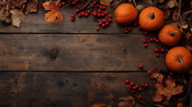 A simple yet festive autumn backdrop with pumpkins, red berries, and dried leaves on a rich, dark wood background, exuding rustic charm and warmth.