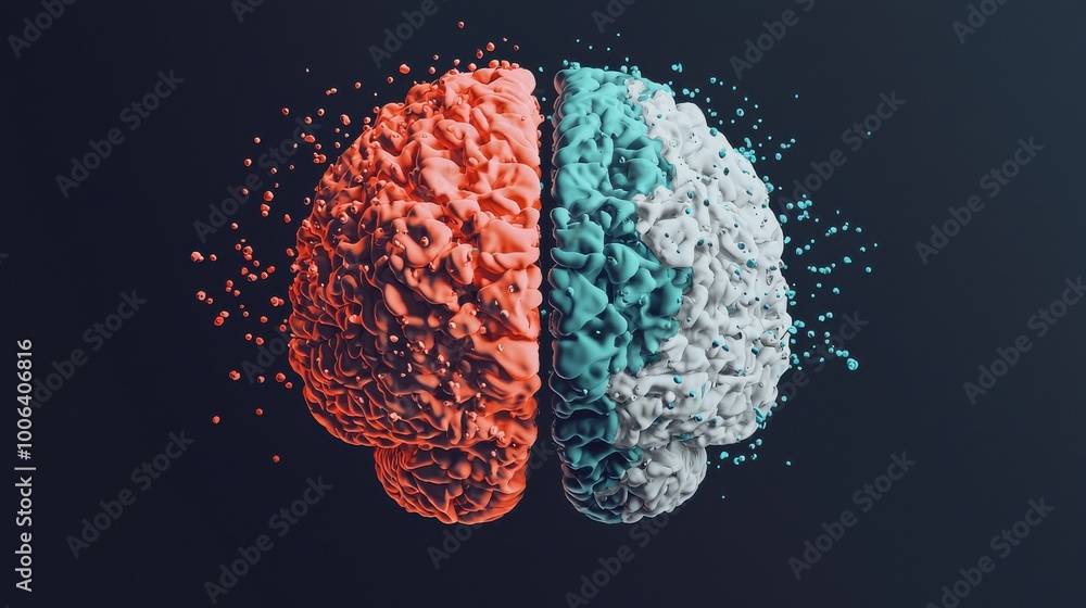 Poster a digital brain divided in two, one side filled with bright, organized data and the other side fille