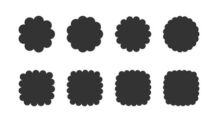 Round and square cloud shapes set. Sticker templates with scallop edges.