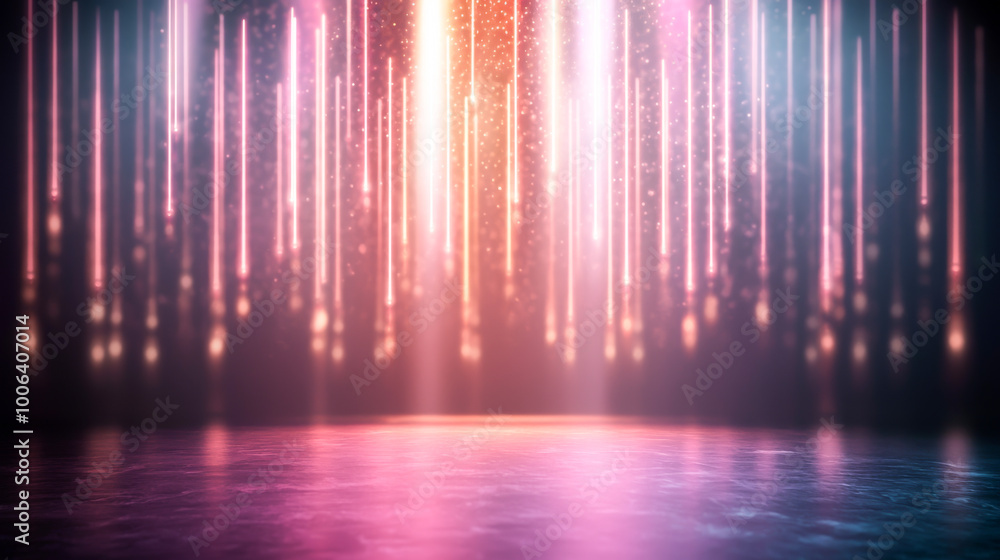 Poster a vibrant abstract scene with colorful light rays cascading down, creating a dreamy and energetic at
