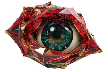 Polyhedral eye with gold accents, with a rose-shaped structure on top