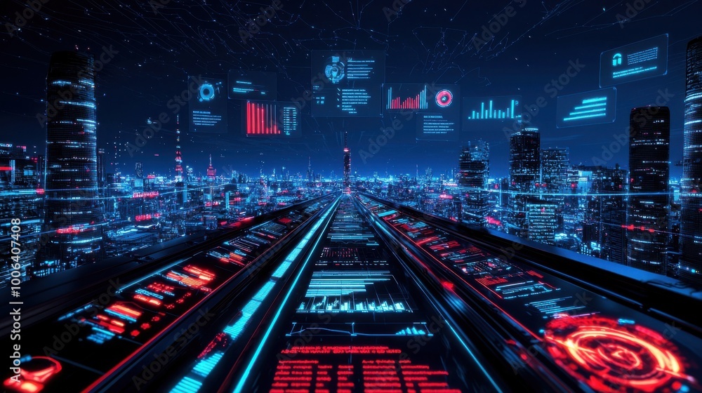 Poster a digital dashboard with floating holographic charts and graphs, displaying various performance indi