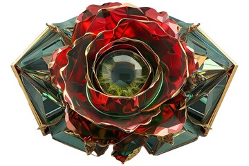 Polyhedral eye with gold accents, with a rose-shaped structure on top