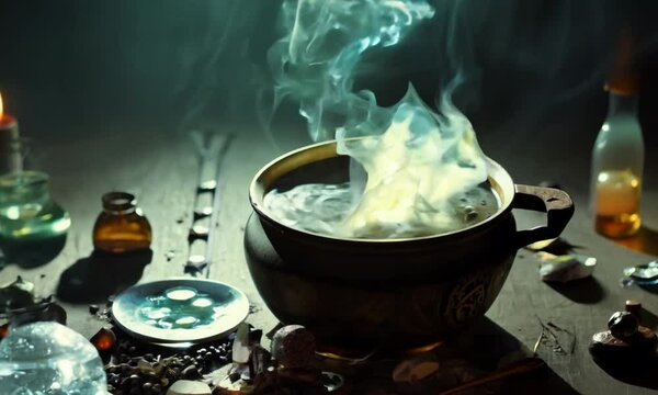 Witch's cauldron with potion and different magic attributes for ritual on dark background.mp4