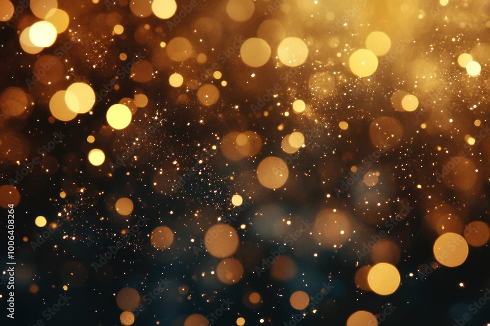 Poster magic, golden bokeh, abstract background, sparkling particles, festive lights, shiny orbs, blurred e