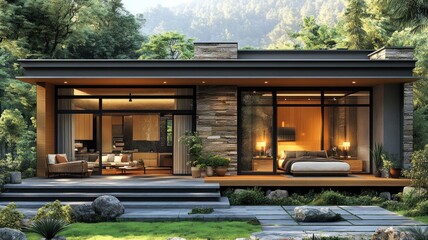 Modern home nestled in nature with large windows and a cozy design.