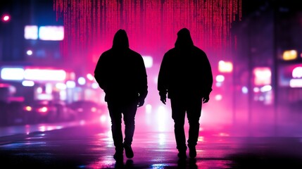 Two individuals wearing hooded jackets stroll through a vibrant, neon-lit city at night, surrounded by glowing skyscrapers and streams of red binary code