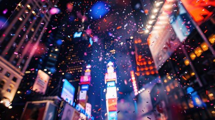 Confetti rains down on Times Square as revelers celebrate New Year's Eve.