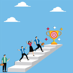 Fototapeta premium Team members climbing staircase to success with each step representing goal
