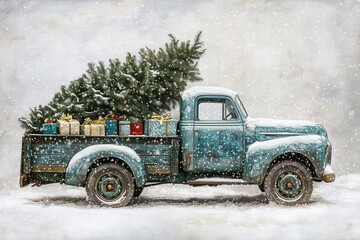 vintage blue truck carrying a Christmas tree and gifts in the snow, a Christmas card background