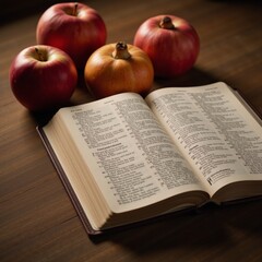 An autumnal still life featuring an old Bible with autumn fruits like apples  pomegranates in a scene bathed in warm light and shadowy tones symbolizing the spirit of Thanksgiving
