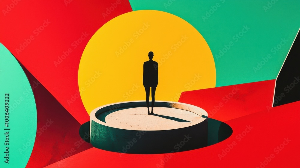 Poster a figure standing on a circular platform, surrounded by abstract geometric shapes representing diver