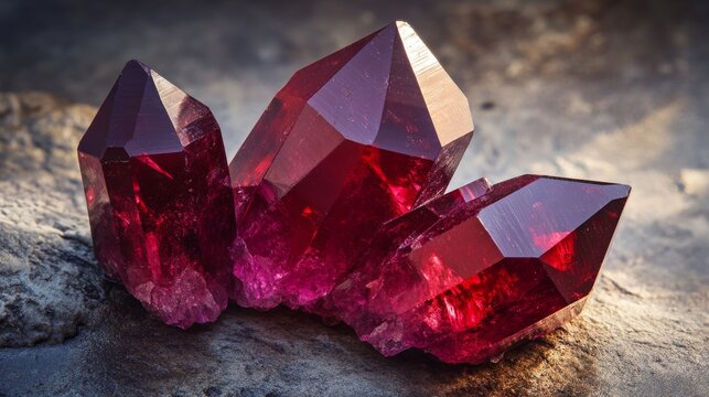 Shiny red amethyst crystals sparkle against a smooth background. These gems are natural mineral crystals, showcasing the beautiful textures of precious stones.