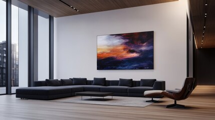 Fototapeta premium A contemporary living room showcases a large modular sofa paired with a stylish lounge chair. An oversized abstract artwork enhances the minimalist aesthetic under soft lighting