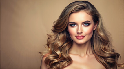 Naklejka premium Elegant woman with long wavy hair and glowing skin on neutral background