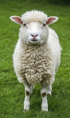 Fototapeta premium A white sheep stands in a grassy field, looking directly at the camera with a curious expression.