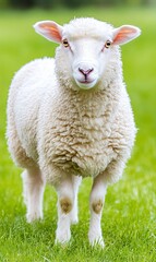 Obraz premium A white sheep stands in a field of green grass, looking directly at the camera.