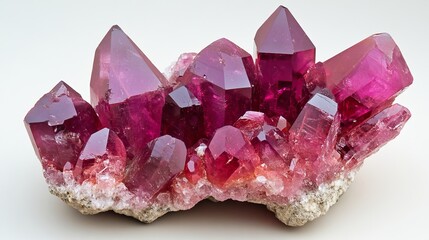 Fototapeta premium Shiny red amethyst crystals sparkle against a smooth background. These gems are natural mineral crystals, showcasing the beautiful textures of precious stones.