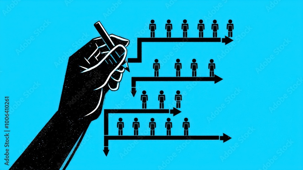 Aufkleber a flowchart where each step is controlled by a large hand holding a pen, while workers wait for inst