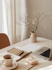 A neatly arranged workspace with a laptop, notebook, pen, and coffee mug.
