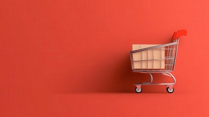 A shopping cart with cardboard boxes against a vibrant red wall, perfect for e-commerce and retail themes.