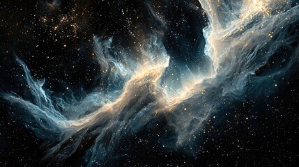 space nebula background. The lighting is dramatic and hints of silver, gold, and blue shimmer in the light on a black background. It evokes feelings 