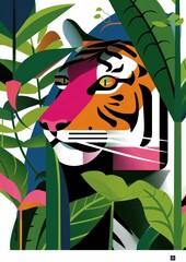 Tiger illustration, wildlife art, colorful design, jungle background, modern style A vibrant tiger s face peeks through lush green leaves, showcasing a blend of colors