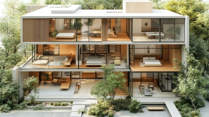 Modern multi-level house with large glass windows and natural surroundings.