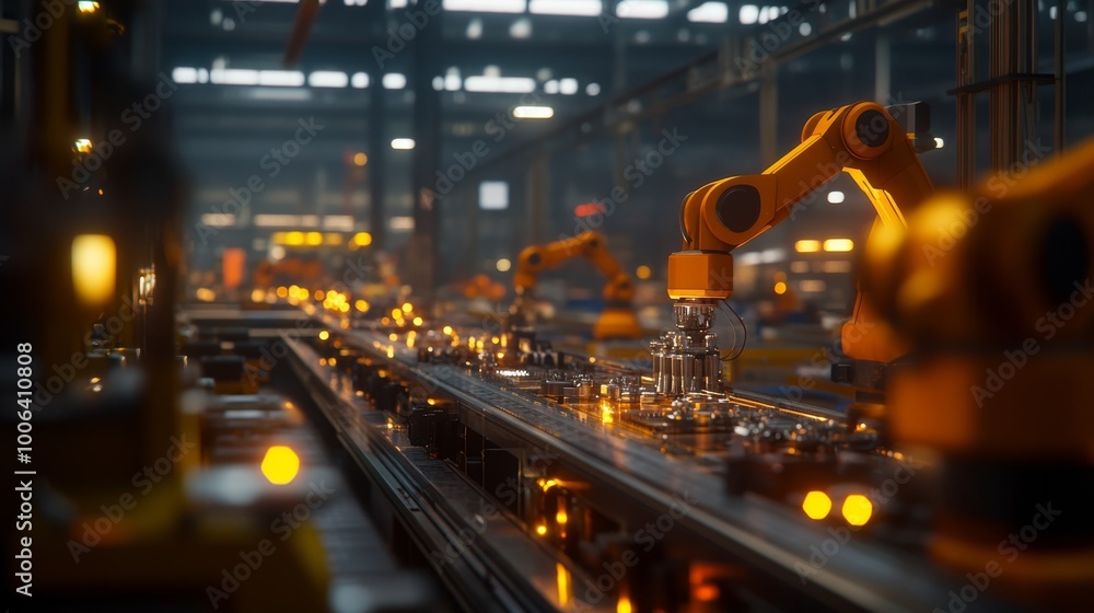 Poster amidst a brightly lit factory, robotic arms work efficiently, assembling components with precision, 